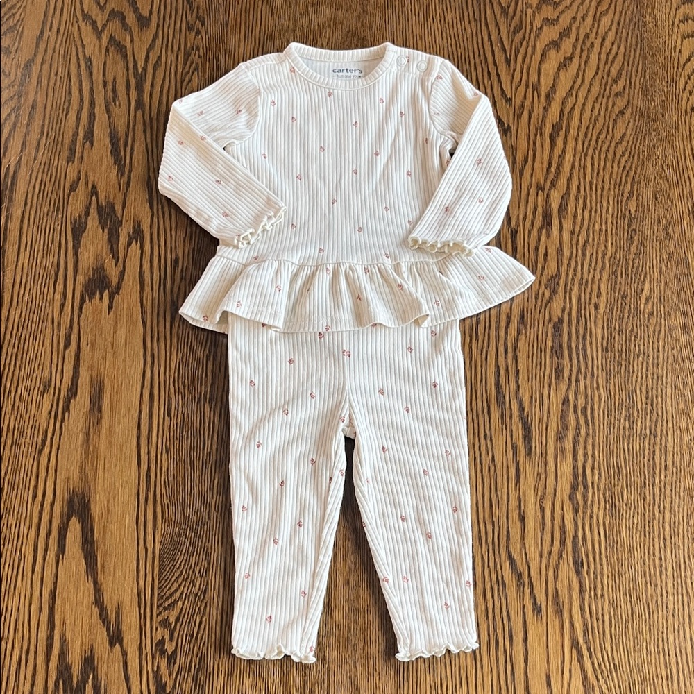 Carter's Cream Ribbed Peplum Top & Legging Set with Pink Dot Accents